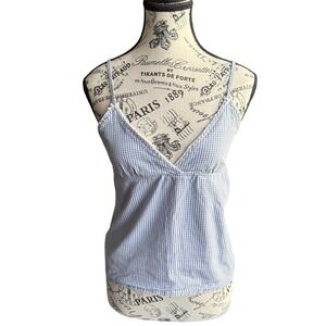 Blue White Gingham Crop Top Size S Spaghetti Strap Heart Neck Tie Back Y2K Cute